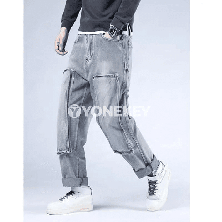 Erkekler üçin açyk gök retro giň kesimli jeans balak