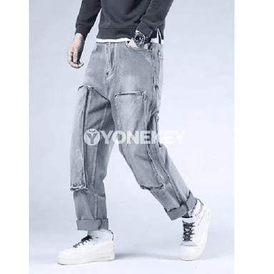 Erkekler üçin açyk gök retro giň kesimli jeans balak