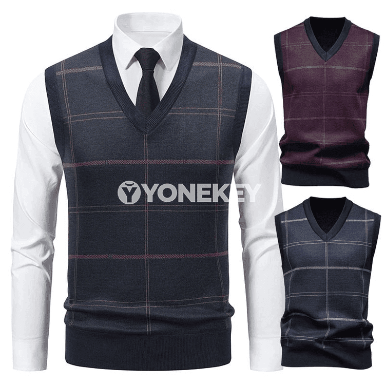 Erkekler üçin plaid V boýun ýeňsiz triko jilet