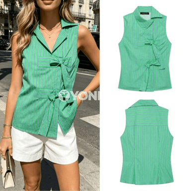 Aýal-gyzlar üçin ýaşyl zolakly dar ýeňsiz moda topy