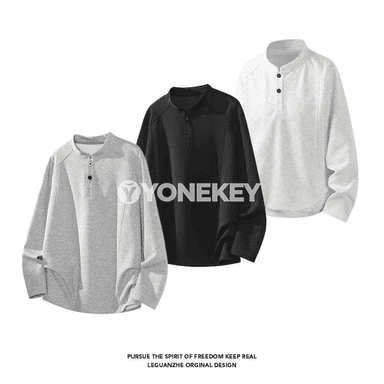 Erkekler üçin rahat Henley uzyn ýeňli köýnek, giň kesim, gündelik stil