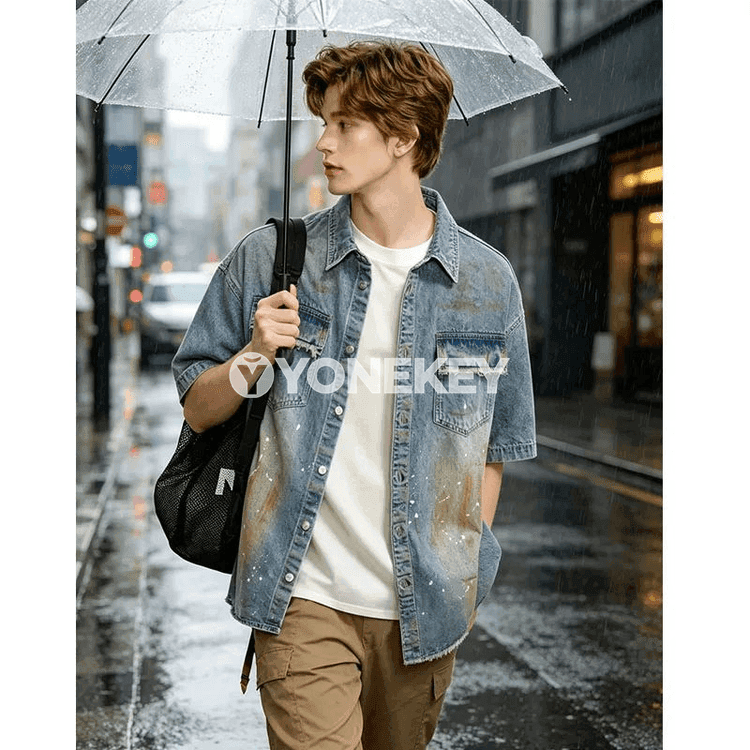 Erkekler üçin ýazlyk gündelik denim köýnek, ýeňli, köne stil