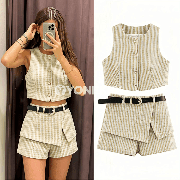 Zenanlar üçin ýeňsiz bellemeli 2 bölek kostýum-toply set