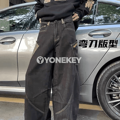 Erkekler üçin giň balakly patchwork jinsy, gündelik streetwear stil
