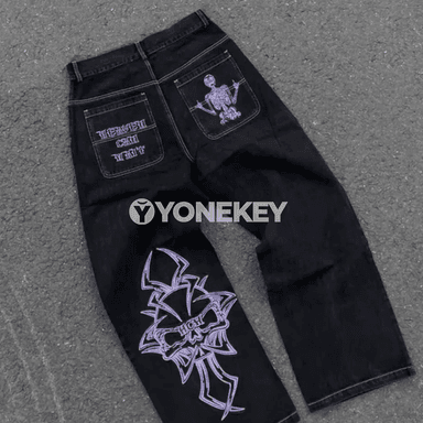 Erkekler üçin grafiti ýazgyly giň jeans balak, gündelik stil