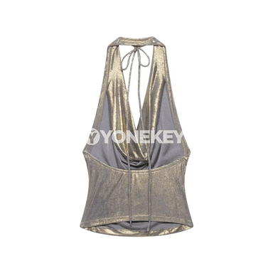 Zenanlar üçin altyn reňkli halter top, ýeňsiz ýazky bluzka