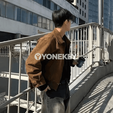 Erkekler üçin retro süet bomber kurtka, güýz ýaz üçin