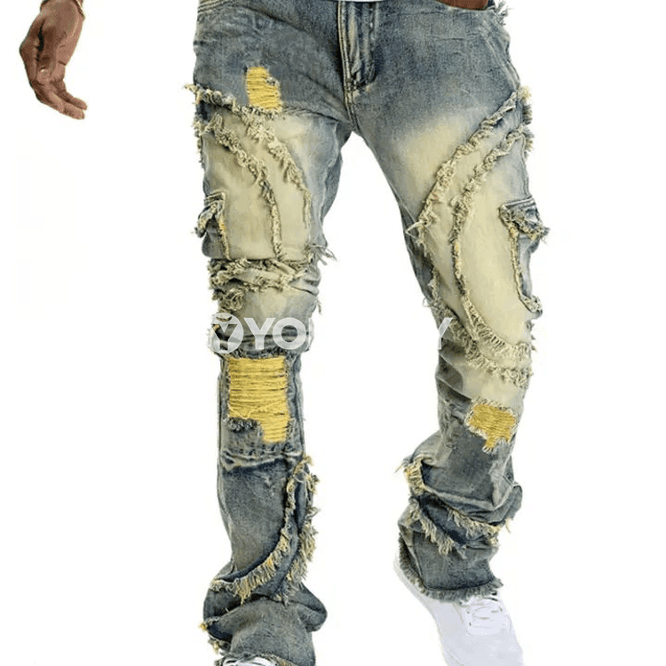 2025 täze erkekleriň retro bölükli giň balak jeanslary, giň aşaky model