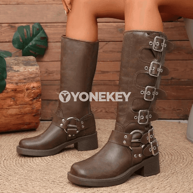 Zenanlar üçin vintage platformaly midi ädik, blok ökçe, metal gaýyşly
