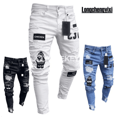 Erkek jeansleri — ýyrtykly, dar kesimli, gündelik stil