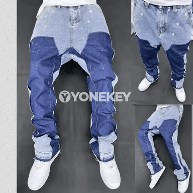 Erkekler üçin vintage giň balaç jyns jalbar, rahat kesimli denim
