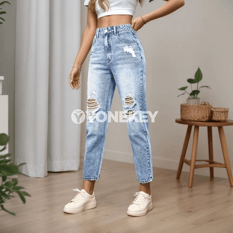 Zenanlar üçin dar kesimli ýyrtyk denim jeans, gündelik stil