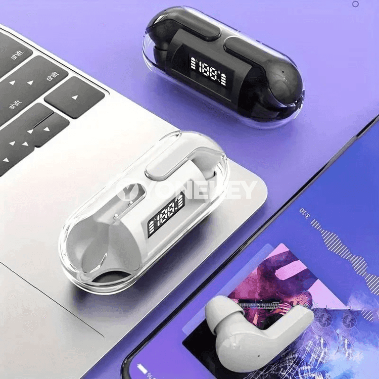 Bluetooth 5.3 simsiz TWS nauşnik, täsirli sesli we mikrofonly
