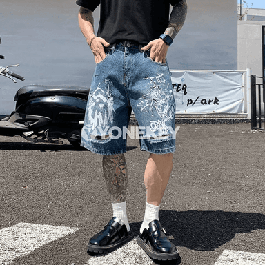 Erkekler üçin tomuslaýyn denim şortikler, rahat giň kesim