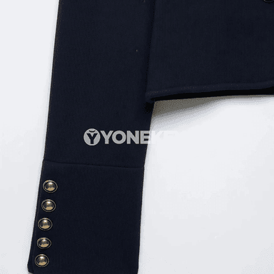 Aýal-gyzlar üçin goýy gök gysga klasik blazer, stend ýakaly