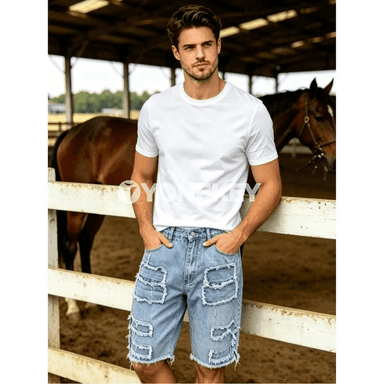 Erkekler üçin vintage denim şortik, rahat we moda stil
