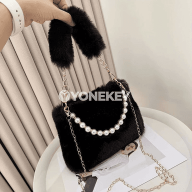 Merjenli towşan kürkli zenan egin sumkasy, zynjyrly kiçi crossbody