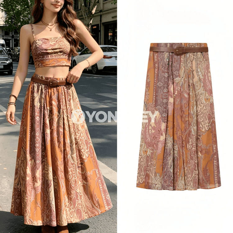 Zenanlar üçin giň, ýeňil boho midi yubka — tomuslyk
