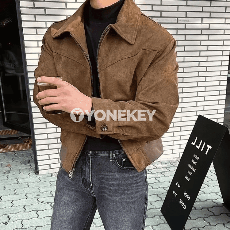 Erkekler üçin retro süet bomber kurtka, güýz ýaz üçin