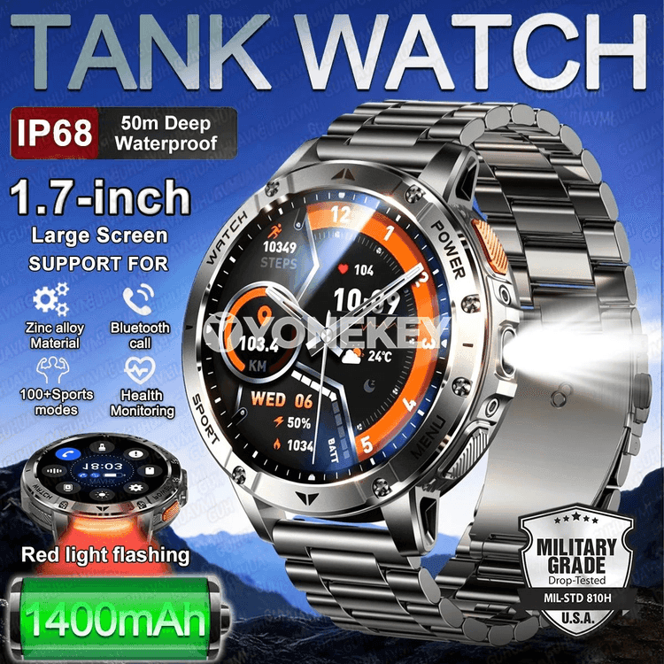 TANK 1.7" 1400 mAh batareýaly sport akylly sagat, Bluetooth jaňly, IP68