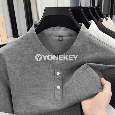 Erkekler üçin ýeňil tomuslyk Henli köýnek, stend boýunly, gysga ýeňli