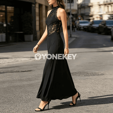 Zenanlar üçin ýeňsiz, dantelli slim fit ýazlyk oturylyşyk köýnegi