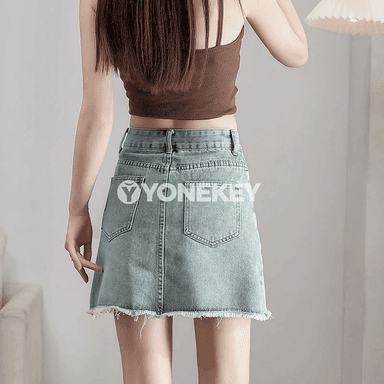 Zenanlar üçin ýeňil denim yubka, ýokary bel, gysgajyk