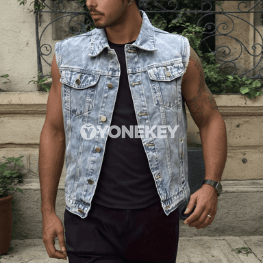 Erkekler üçin ýaz pasly denim ýeňsiz jaket-jemper