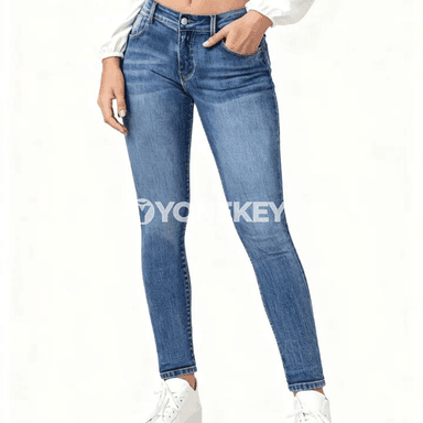 Zenanlar üçin ýokary belli dar kesimli gök denim jyns jalbar