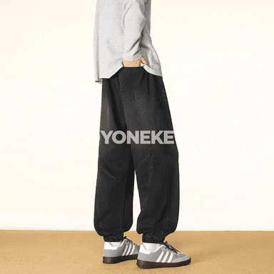 Erkekler üçin giň balažak jeans, rezin boýunly, gündelik stil