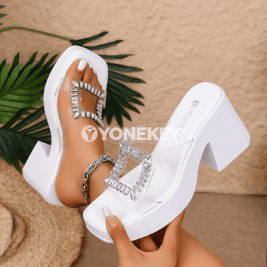 Aýallar üçin ýokary ökjeli açyk sandal, kvadrat burunly, bezegli