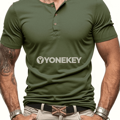 Erkekler üçin ýazky henley boýun futbolka, gysga ýeňli