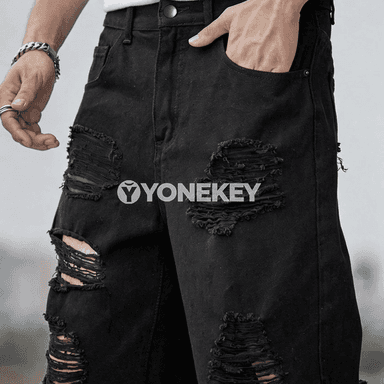 Erkekler üçin gara denim şortik, giň we döwrebap şäher stili