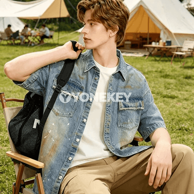 Erkekler üçin ýazlyk gündelik denim köýnek, ýeňli, köne stil