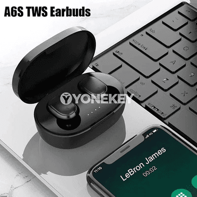 A6S TWS simsiz Bluetooth nauşnik, mikrofonly, dürli reňkler
