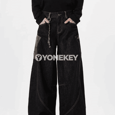 Erkekler üçin giň balakly patchwork jinsy, gündelik streetwear stil