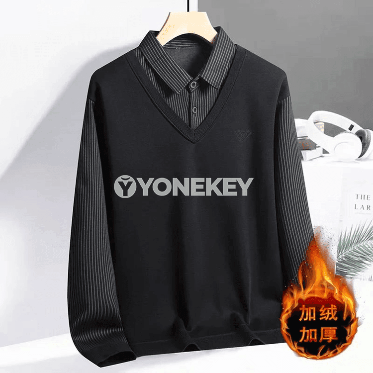 Erkekler üçin uzyn ýeňli polo, ýeňil trikotaž köýnek, V boýun