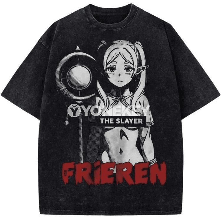 Erkekler üçin “Frieren” anime stilindäki pambyk futbolka, vintage ýuwulan