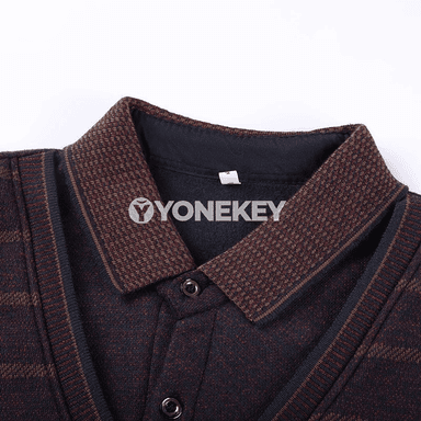 Erkekler üçin polo boýunly ýyly fleece switer, zolakly