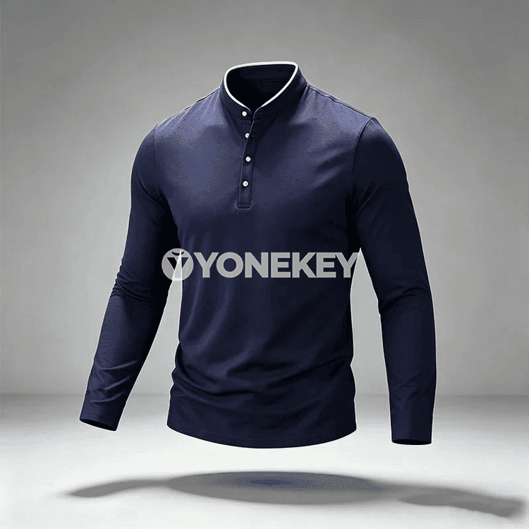 Erkekler üçin mandarin ýakalakly uzyn ýeňli polo köýnek, düwmejikli, gündelik stil