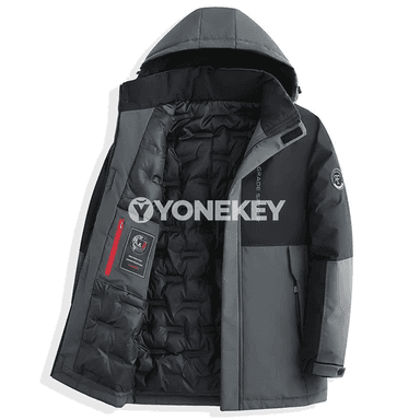 Erkekler üçin uzyn gyş parka kurtkasy, ýyly kapýuşonly