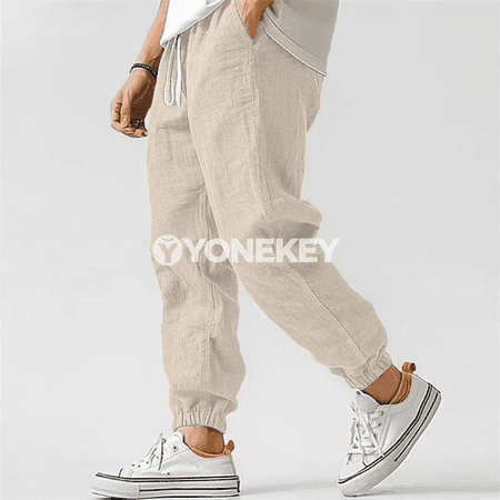 Koreý görnüşli erkek linen balaklary, rahat giň model, ýaz güýz üçin