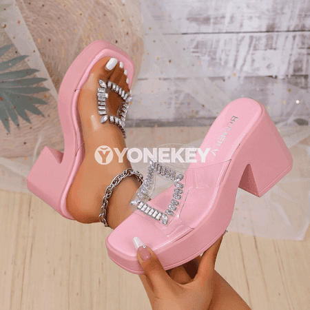 Aýallar üçin ýokary ökjeli açyk sandal, kvadrat burunly, bezegli
