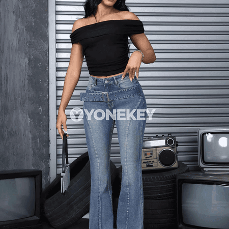 Zenanlar üçin ýokary belli giňýän jeans jalbar, döwrebap stil