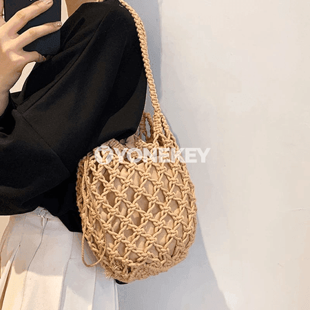 Aýallar üçin tomusly hasyr kellesaply bucket sumka, elde tikilen