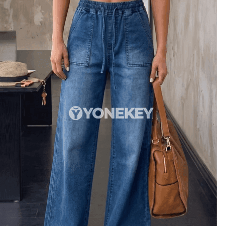 Zenanlar üçin giň kesimli ýokary belli denim jyns jalbar