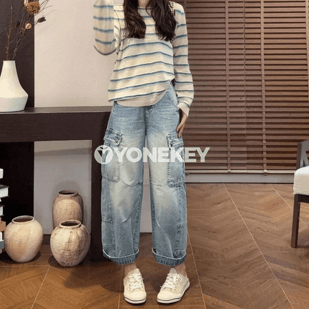 Zenanlar üçin beýik belli giň kesimli denim jalbar