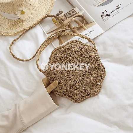 Zenanlar üçin tegelek saman crossbody sumka, elde örülen boho stil