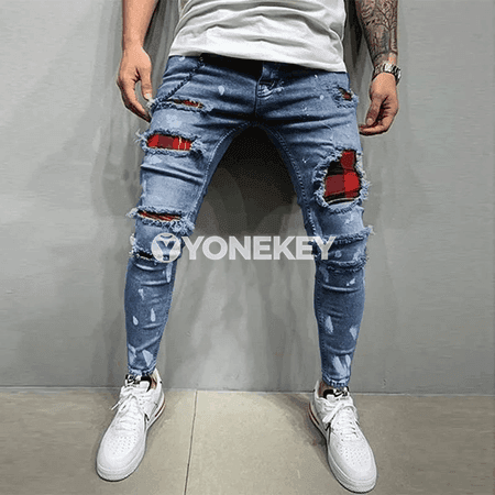 Erkekler üçin slim fit denim jalbarlary, häzirki zaman stilde