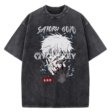 Gojo Satoru anime erkek-gyzlar üçin pagta futbolka, retro stil